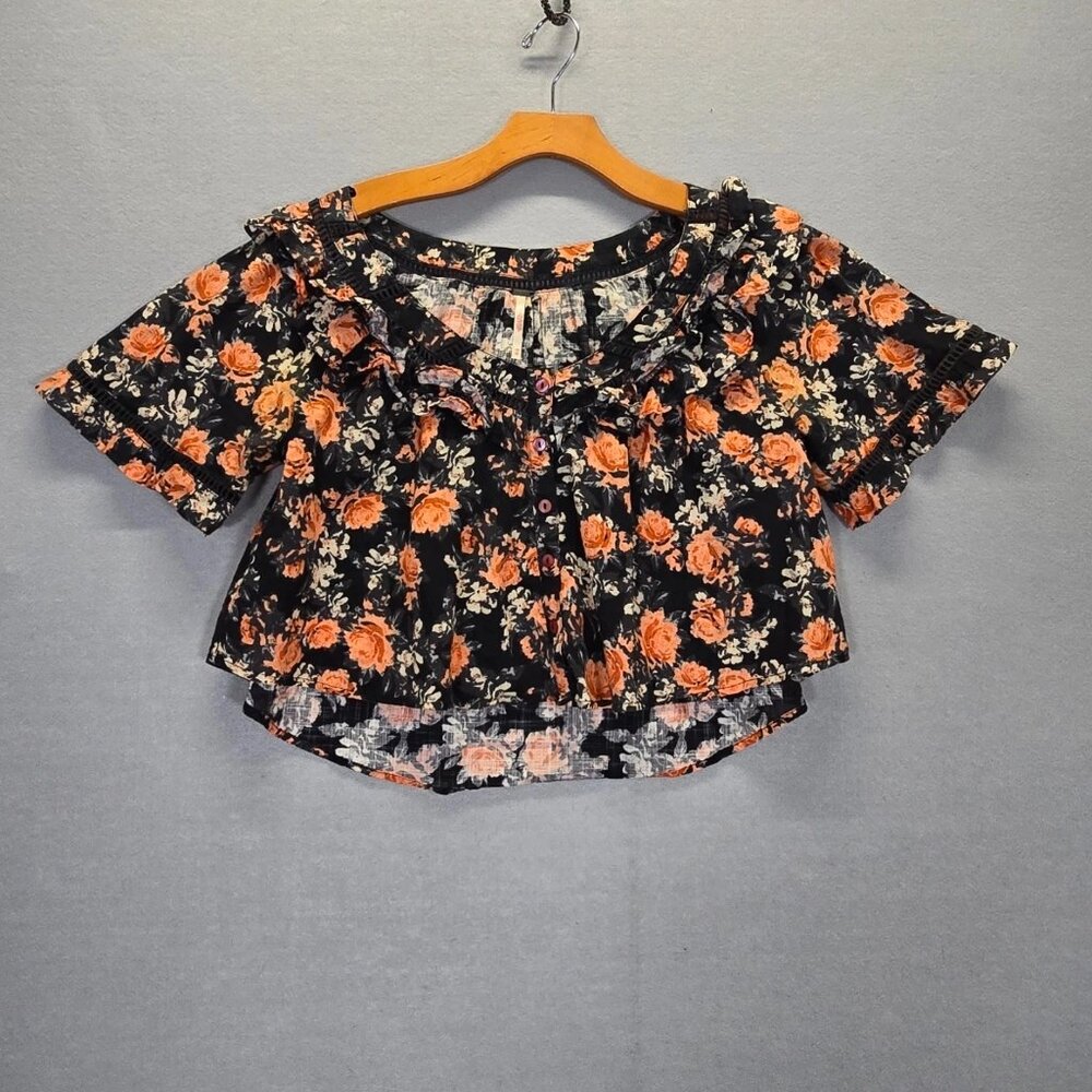 Free People Unreal Love Ruffle Collar Short Sleeve Floral Top Size XS